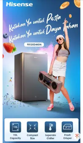0Hisense Kulkas 1 Pintu Lemari Es Kapasitas 91L RR120D4IGN - Silver