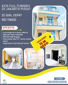 Kosan Di Jual Di Jakarta Pusat Full Terisi  SHM Dan IMB
