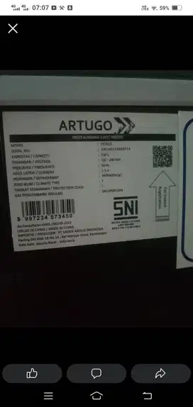 freezer artugo 210L bekas msh baru