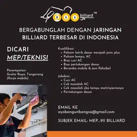 Lowongan TEKNISI/MEP Billiard wilayah Tangerang (Mobile)