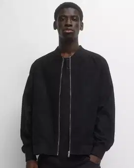 Pull & bear faux suede bomber jaket jacket outer black hitam zipper