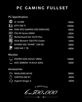 Jual PC Gaming+Streaming Fullset dual Monitor