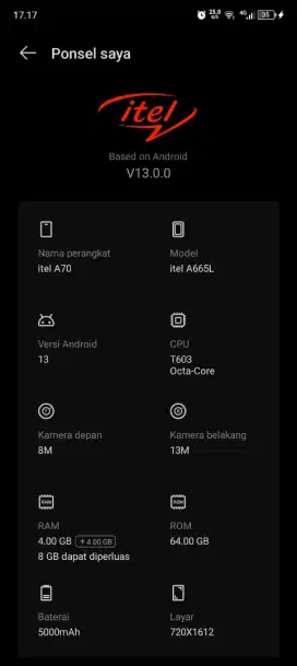 Itel a70 4+4/64 atau 4+8/64 99%