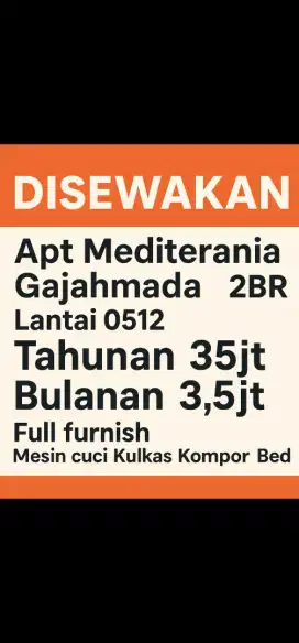 Sewa BU 2BR Mediterania 1 Gajah Mada full furnish. Nego sampe deal