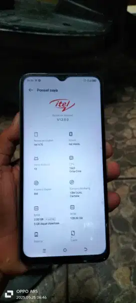 Hp itel A70 resmi. 3+5/128 lcet2 pmkyan ja biasa