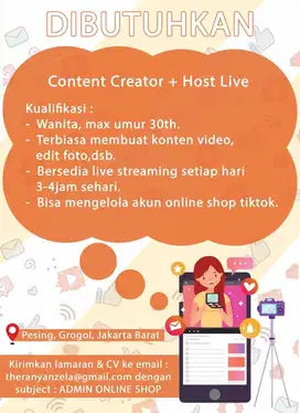 LOKER HOST LIVE + KONTEN KREATOR / LOWONGAN KERJA CONTENT CREATOR