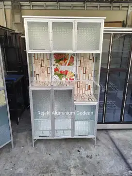 Rak piring 3 pintu keramik kaca es murah