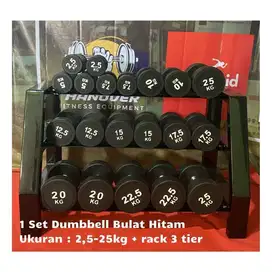 Dumbbell Bulat Hitam Set 2,5-25kg Plus Rack 3 Susun Barbel Set Round