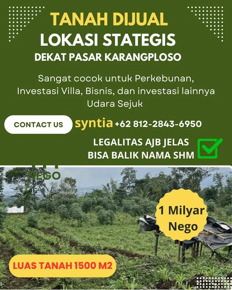 Jual Cepat Tanah Strategis Dekat Pasar Karangploso, Malang
