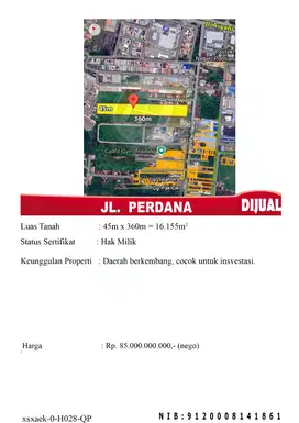Di jual tanah di tepi jl perdana,lokasi strategis dan ramai