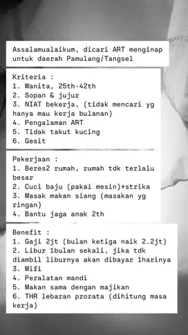Dicari ART wanita menginap