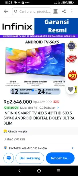 ANDROID SMART TV INFINIX 43 INCH TYPE 43X5 FHD YOUTUBE -NETFLIX-GRS