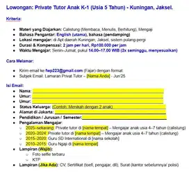 Lowongan: Private Tutor Anak K-1 (Usia 5 Tahun) - Kuningan, Jaksel.