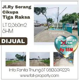 Turun harga Dijual pabrik di Jl Ry Serang, Cikupa LT 12,560m2 Rp55M
