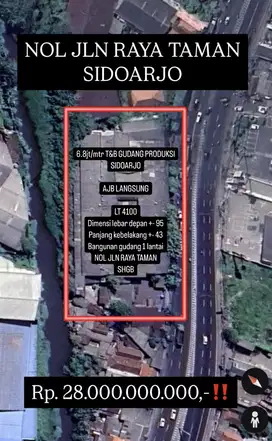 6.8jt/mtr Tanah dan Bangunan Gudang raya taman sidoarjo