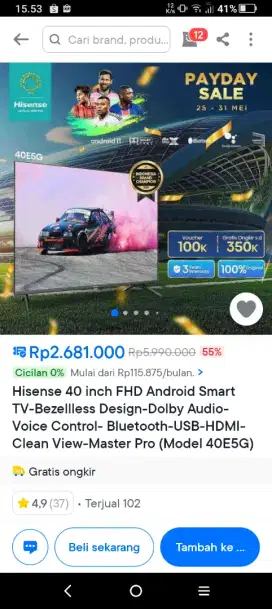 ANDROID SMART TV HISENSE 40 INCH TYPE 40E5G FHD -YOUTUBE-NETFLIX-GRS