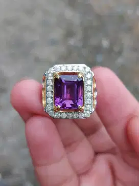 Cincin Pria Mata Utama Batu Kecubung Keliling Berlian Ring Perak