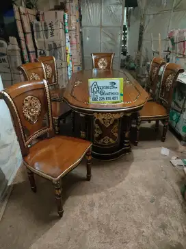 Meja makan gendong salina ukiran set kaca full kayu jati