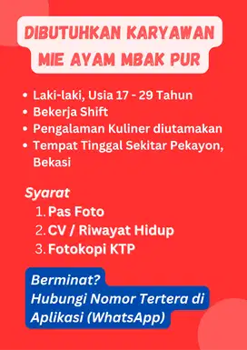 Lowongan Kerja/Loker Pelayan Mie Ayam Mbak Pur Pekayon