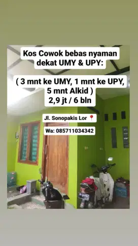 Kos Cowok bebas nyaman, akses 24 jam, dekat UMY & UPY