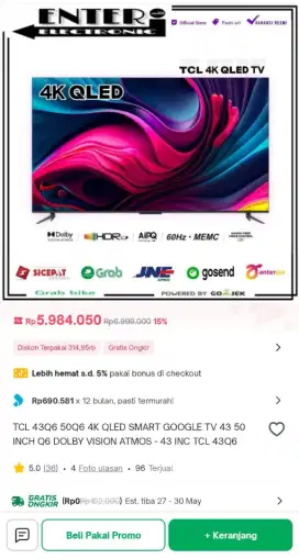 [Bekasi] TV Google 4K QLED, TCL 43Q6 43inch (Second Mulus)