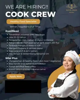 LOWONGAN PEKERJAAN KERJA COOK CREW / HEALTHY FOOD SPECIALIST