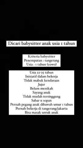 DICARI BABYSITTER BERPENGALAMAN PEGANG ANAK USIA DI BAWAH 1 TAHUN
