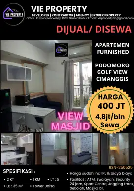 VIEW MASJID, DIJUAL CEPAT APARTEMEN PODOMORO GOLF VIEW FURNISHED 2 BR