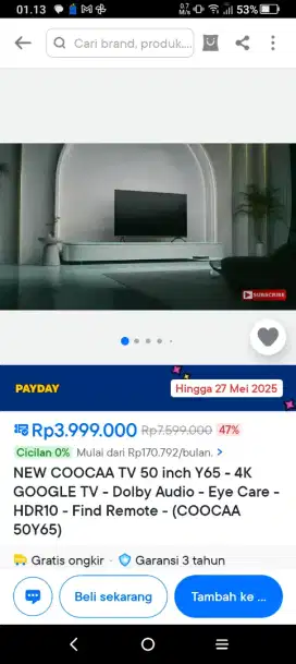ANDROID SMART TV COOCAA 50 INCH TYPE 50Y65 UHD4K-YOUTUBE-NETFLIX-HDR10