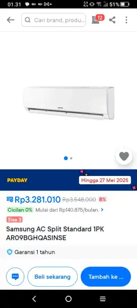 AC SAMSUNG 1PK TYPE AR09BGHQASIN  -GARANSI RESMI SAMSUNG