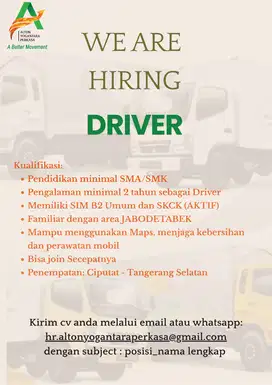 DIBUTUHKAN SEGERA - DRIVER & OFFICE BOY