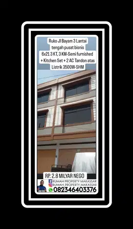 Ruko Jl Bayam 3 Lantai ditengah pusat bisnis 6x21 3 KT, 3 KM Semi furn