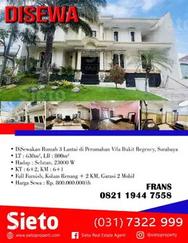 DiSewakan Rumah 3 Lantai di Perumahan Vila Bukit Regency, Surabaya