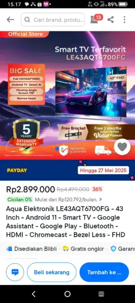 ANDROID SMART TV AQUA 43INCH TYPE LE43AQT6700FG-FGD-YOUTUBE-NETFLIX