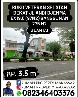 Ruko JL Veteran Selatan 5X19.5 (97m2)  LB 275m2 3 Lti Dkt Andi Djemma