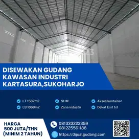 Disewa Gudang Kartasura Hadap Timur, Luas 1587m², Parkiran Luas,