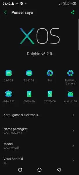 Di jual Hp Infinix Smart 5 Ram 2/32 Batangan