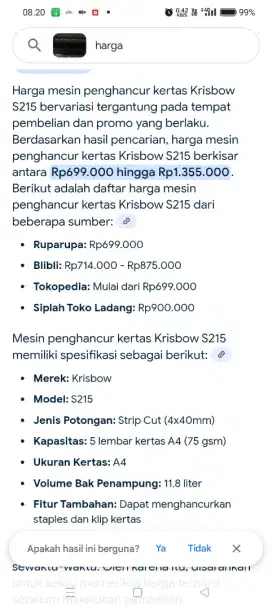 Alat penghancur kertas merk krisbow