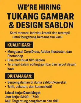 Lowongan Kerja Tukang Gambar / Design Sablon