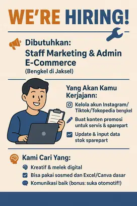 WE'RE HIRING! Loker Admin E-Commerce & Social Media (Bengkel Jaksel)