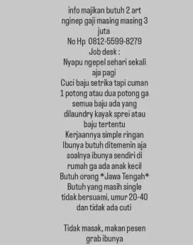 Dibutuhkan ART 2 orang 1 rumah