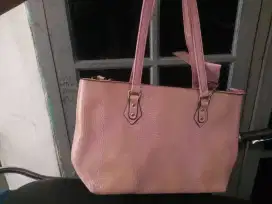 tas second pink kuning kulit ular