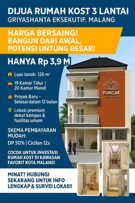 Dijual Rumah Kost 3 Lantai – Griyashanta Eksekutif, Malang