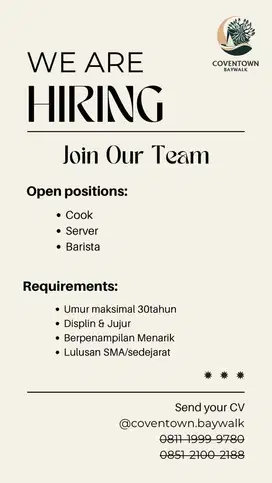 Lowongan Barista, Server, Cook, Cashier