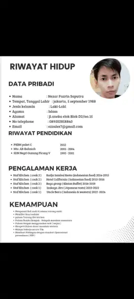 Saya sedang mencari pekerjaan posisi cook / senior cook
