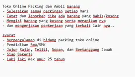 Lowongan Kerja Toko Online shop Packing dan Ambil barang