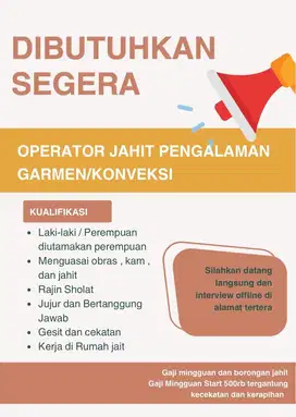 LOWONGAN 10 Operator Penjahit