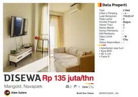 Disewa Apartemen 2BR Full Furnished di Marigold Navapark BSD