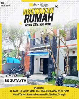 Rumah Disewakan 2 Lantai Green Villa, Solo Baru, Grogol, Sukoharjo