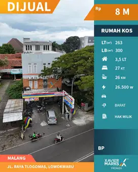 Dijual Rumah Kost Aktif Premium di Poros Jalan Raya Tlogomas Malang